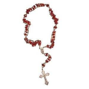 Autom Beads Rosary Necklace Beaded Chaplet Holy Mary Medal & Cross Religiuos Red